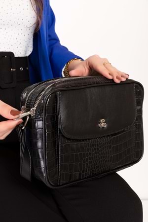 Gondol Yılan Deri Baskılı Şık Omuz Çanta ysm.1984 - Siyah Croco - TEK EBAT