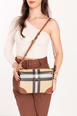 Gondol Kadın Şık Günlük Çapraz Çanta sp.784 - Bej Ekose - TEK EBAT