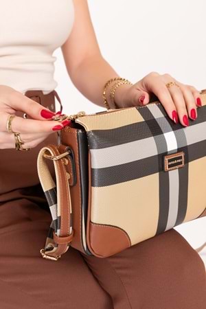 Gondol Kadın Şık Günlük Çapraz Çanta sp.784 - Bej Ekose - TEK EBAT