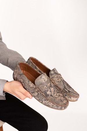 Gondol Erkek Hakiki Deri Hafif Taban Loafer Ayakkabı tx.13881 - Bej Yılan - 41