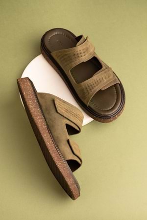 Gondol Erkek Hakiki Deri Cırtlı Ayarlanabilir Rahat Terlik esm.16 - Haki - 40