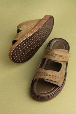 Gondol Erkek Hakiki Deri Cırtlı Ayarlanabilir Rahat Terlik esm.16 - Haki - 40