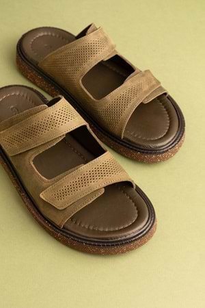 Gondol Erkek Hakiki Deri Cırtlı Ayarlanabilir Rahat Terlik esm.16 - Haki - 40