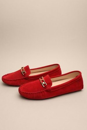 Gondol Kadın Hakiki Deri Klasik Loafer Kırmızı Süet 37 ttx.70141