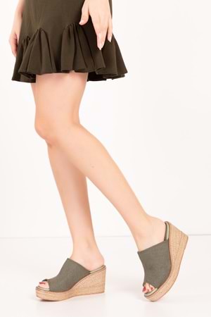 Gondol Kadın İçi Hakiki Deri Keten Dolgu Topuk Platform Sandalet ell.6948 - Haki - 34