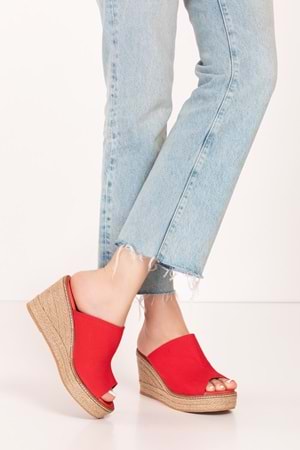 Gondol Kadın İçi Hakiki Deri Keten Dolgu Topuk Platform Sandalet ell.6948 - kırmızı - 34