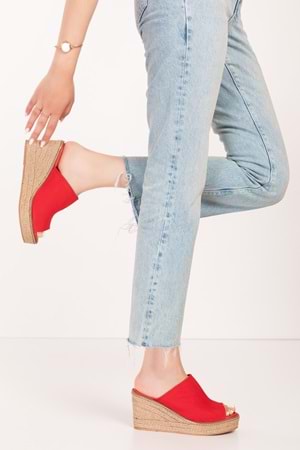 Gondol Kadın İçi Hakiki Deri Keten Dolgu Topuk Platform Sandalet ell.6948 - kırmızı - 34