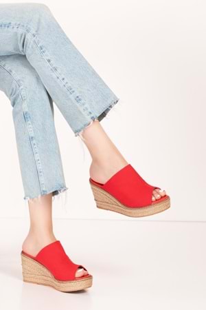 Gondol Kadın İçi Hakiki Deri Keten Dolgu Topuk Platform Sandalet ell.6948 - kırmızı - 34