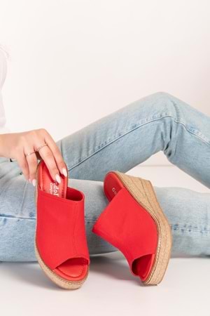 Gondol Kadın İçi Hakiki Deri Keten Dolgu Topuk Platform Sandalet ell.6948 - kırmızı - 34