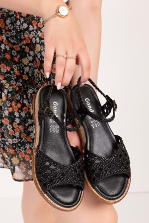 Gondol Kadın Hakiki Deri El Örgüsü Özel Hasır Sargılı Sandalet ell.7245 - Siyah - 35