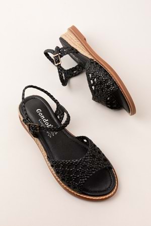 Gondol Kadın Hakiki Deri El Örgüsü Özel Hasır Sargılı Sandalet ell.7245 - Siyah - 35