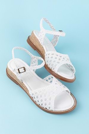 Gondol Kadın Hakiki Deri El Örgüsü Özel Hasır Sargılı Sandalet ell.7245 - Beyaz - 37