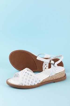Gondol Kadın Hakiki Deri El Örgüsü Özel Hasır Sargılı Sandalet ell.7245 - Beyaz - 37