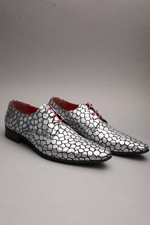 Gondol Erkek Hakiki Deri Sivri Burun Özel Deri Tasarımlı Kundura tz.610 - Gümüş - 42