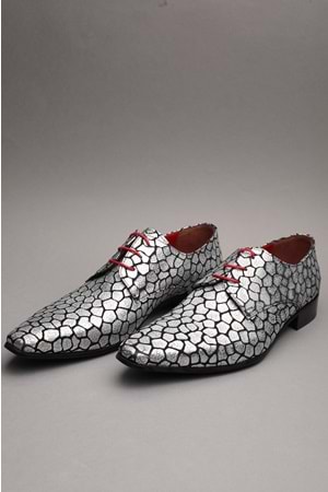 Gondol Erkek Hakiki Deri Sivri Burun Özel Deri Tasarımlı Kundura tz.610 - Gümüş - 42