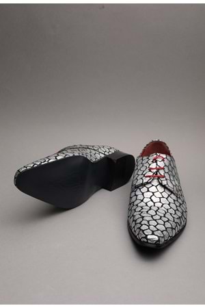 Gondol Erkek Hakiki Deri Sivri Burun Özel Deri Tasarımlı Kundura tz.610 - Gümüş - 42