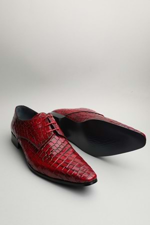 Gondol Erkek Hakiki Deri Sivri Burun Özel Deri Tasarımlı Kundura tz.613 - Kırmızı Croco - 41