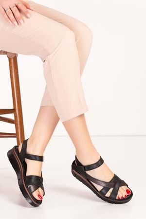 Gondol Hakiki Deri Rahat Günlük Hafif Sandalet kla.13 - Siyah - 39