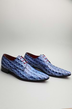 Gondol Erkek Hakiki Deri Sivri Burun Özel Deri Tasarımlı Kundura tz.617 - Mavi Croco - 40