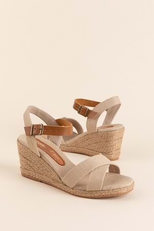 Gondol Kadın Keten Kumaş Dolgu Topuk Hasır Taban Platform Sandalet ell.7132 - Bej - 34
