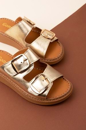 Gondol Kadın Hakiki Deri Çift Tokalı Gizli Cırtlı Günlük Rahat Terlik usl.2475 - Altın - 36