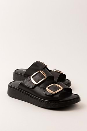 Gondol Kadın Hakiki Deri Çift Tokalı Gizli Cırtlı Günlük Rahat Terlik usl.2475 - Siyah - 37