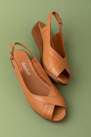 Gondol Hakiki Deri Dolgu Topuklu Rahat Anne Sandalet mlk.5812 - Taba - 40