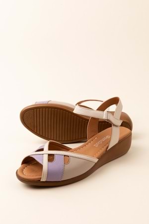 Gondol Hakiki Deri Dolgu Topuklu Rahat Anne Sandalet mlk.5832 - Bej Kombin - 36