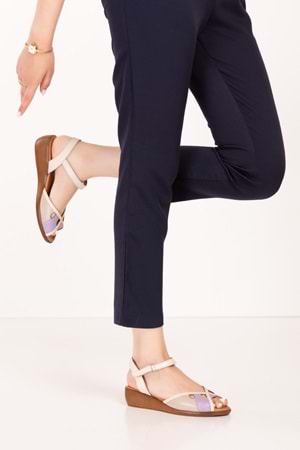 Gondol Hakiki Deri Dolgu Topuklu Rahat Anne Sandalet mlk.5832 - Bej Kombin - 36