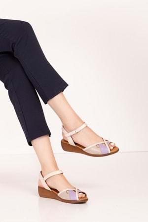 Gondol Hakiki Deri Dolgu Topuklu Rahat Anne Sandalet mlk.5832 - Bej Kombin - 36