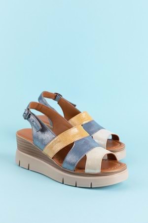 Gondol Hakiki Deri Renkli Kombin Dolgu Topuklu Sandalet mlk.5808 - Mavi Kombin - 36