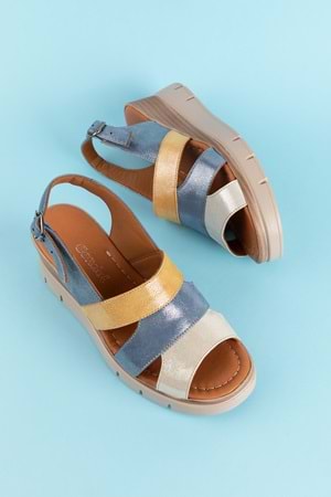 Gondol Hakiki Deri Renkli Kombin Dolgu Topuklu Sandalet mlk.5808 - Mavi Kombin - 36