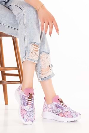 Gondol Kadın İçi Deri Dışı Dantel Hafif Spor Ayakkabı belx.4391 - Pembe Desen - 36