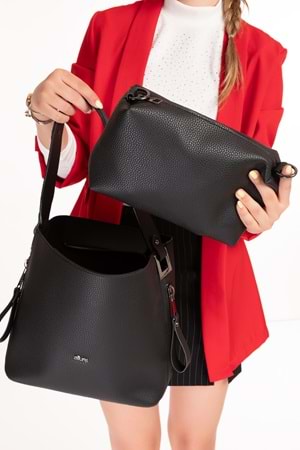 Gondol Kadın Çift Bölmeli El ve Omuz Çantası ald.6752 - Siyah - TEK EBAT