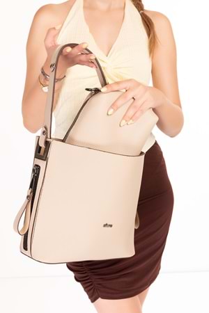 Gondol Kadın Çift Bölmeli El ve Omuz Çantası ald.6752 - Vizon - TEK EBAT