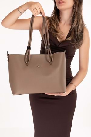 Gondol Kadın Çift Bölmeli El ve Omuz Çantası ald.6753 - Vizon - TEK EBAT