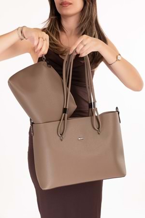 Gondol Kadın Çift Bölmeli El ve Omuz Çantası ald.6753 - Vizon - TEK EBAT