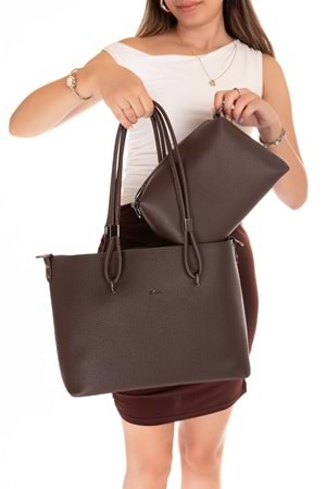 Gondol Kadın Çift Bölmeli El ve Omuz Çantası ald.6753 - Kahverengi - TEK EBAT