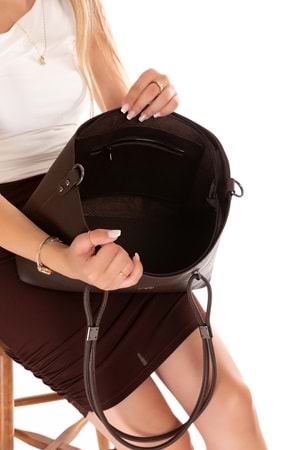 Gondol Kadın Çift Bölmeli El ve Omuz Çantası ald.6753 - Kahverengi - TEK EBAT