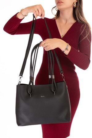 Gondol Kadın Çift Bölmeli El ve Omuz Çantası ald.6753 - Siyah - TEK EBAT