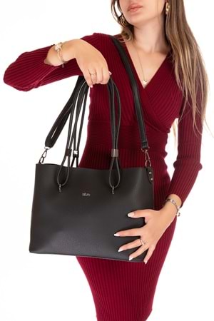 Gondol Kadın Çift Bölmeli El ve Omuz Çantası ald.6753 - Siyah - TEK EBAT