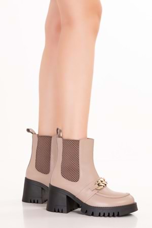 Gondol Hakiki Deri Kalın Topuklu Kauçuk Taban Şık Bot Benna - Bej - 38