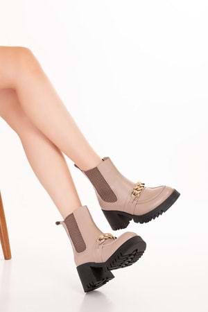 Gondol Hakiki Deri Kalın Topuklu Kauçuk Taban Şık Bot Benna - Bej - 38