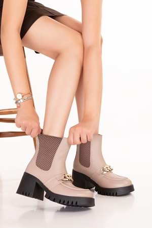 Gondol Hakiki Deri Kalın Topuklu Kauçuk Taban Şık Bot Benna - Bej - 38