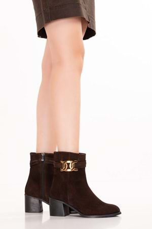 Gondol Hakiki Deri Orta Boy Topuklu Sade Günlük Bot Betty - Kahve Süet - 37