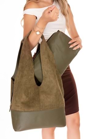 Gondol Kadın Süet Detaylı Omuz Çanta ars.1966 - Haki Süet - TEK EBAT