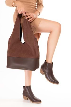 Gondol Kadın Süet Detaylı Omuz Çanta ars.1966 - Kahve Süet - TEK EBAT