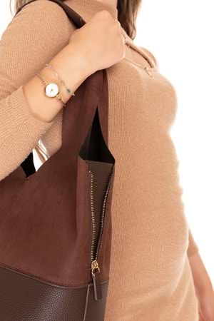 Gondol Kadın Süet Detaylı Omuz Çanta ars.1966 - Kahve Süet - TEK EBAT