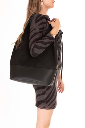 Gondol Kadın Süet Detaylı Omuz Çanta ars.1966 - Siyah Süet - TEK EBAT