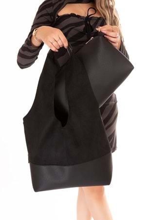 Gondol Kadın Süet Detaylı Omuz Çanta ars.1966 - Siyah Süet - TEK EBAT